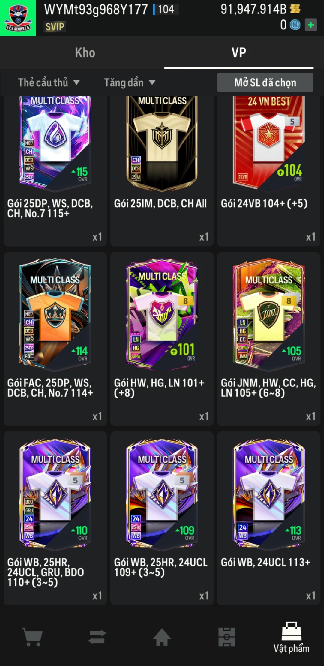 Ảnh ACC mở thẻ (LOẠI SUPER VIP) bao gồm có hơn 900+ đến 1100+ thẻ cầu thủ từ Siêu sao đến Miền núi các loại (ngẫu nhiên có: 01 thẻ +12 và 03 thẻ PRIME QH, XS, CP...) Acc có sẵn BP trắng từ 80.000 tỷ BP đến 120.000 tỷ BP kèm theo nhiều ngày SVIP